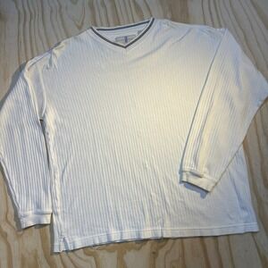 River Trader Mens White Ribbed V-Neck Long Sleeve Cotton Pullover Shirt Size M